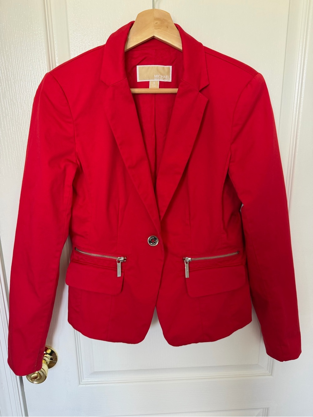 Michael Kors Bright Red Single-Button Blazer with Zip Pockets